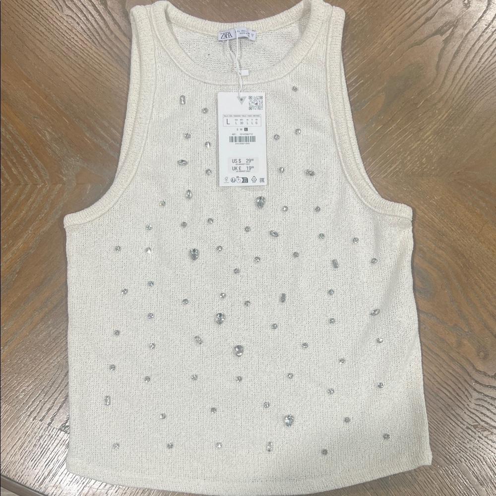 Zara Cream Beaded Knit Tank Top